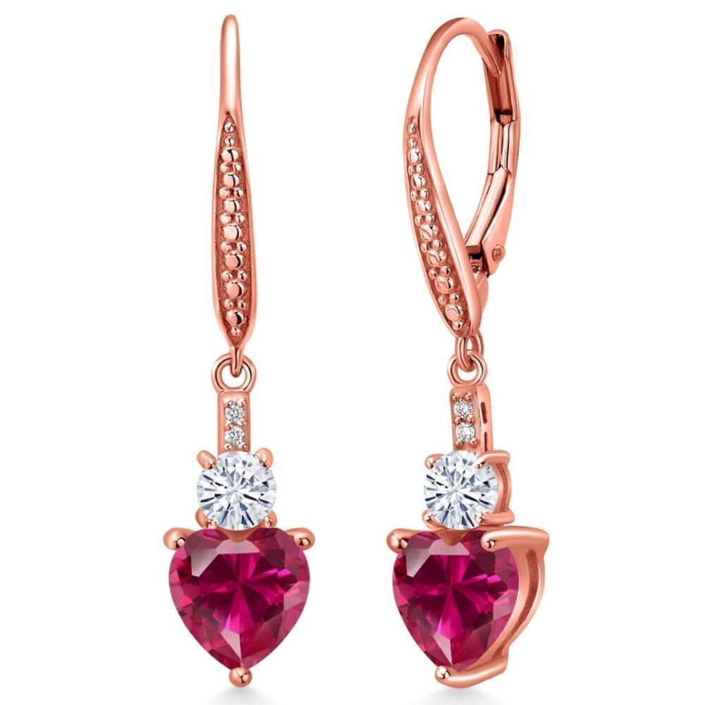 18K Rose Gold with 3.29 Cttw Ruby and White Moissanite Heart Drop Earrings